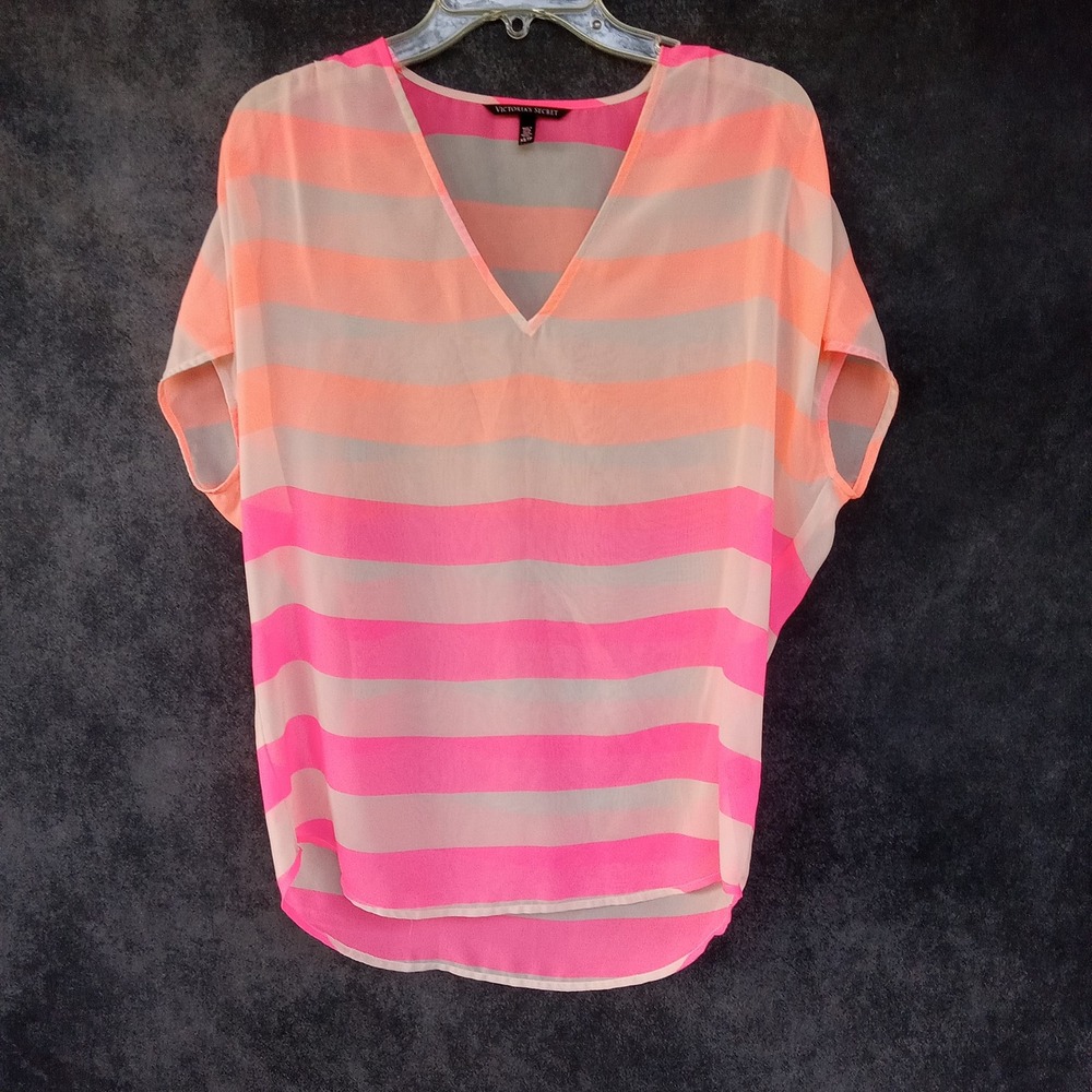 Victoria's Secret XS/TP Striped Dolman‎ Sleeve V Neck Top Neon Pink Orange Sheer